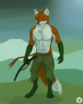  abs black_fur canine clothed clothing fox fur katana male mammal melee_weapon muscular orange_fur simple_background sword tattered_clothing topless weapon white_fur 