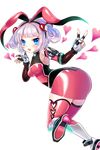  ass blue_eyes fang fingerless_gloves gloves hair_ornament hair_ribbon hairband heart heart_hair_ornament highres looking_at_viewer official_art open_mouth pink_legwear ratise ribbon soccer_spirits solo sophie_(soccer_spirits) transparent_background v white_hair 