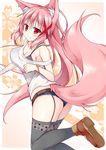  animal_ears bad_anatomy bandaged_arm bandages bare_shoulders bell black_bra black_legwear blush bra breasts brown_footwear cleavage closed_mouth commentary_request eyebrows eyebrows_visible_through_hair feet_out_of_frame fox_ears fox_tail hair_ornament highres kazamatsuri_kazari long_hair looking_at_viewer looking_back medium_breasts mizuki_(kogetsu-tei) original outside_border pink_hair red_eyes shoes solo tail thighhighs underwear x_hair_ornament 