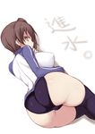  ass black_legwear black_panties blush breasts brown_eyes brown_hair buruma cameltoe closed_mouth commentary_request covered_nipples from_behind impossible_clothes jacket jema kaga_(kantai_collection) kantai_collection large_breasts long_sleeves looking_at_viewer looking_back over-kneehighs panties short_hair side_ponytail solo thighhighs track_jacket translation_request underwear 