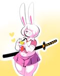  &lt;3 anthro blush breasts clothed clothing eyes_closed female hair hair_over_eyes kaede_(mangneto) lagomorph mammal mangneto melee_weapon midriff rabbit scar school_uniform shirt skirt slightly_chubby smile solo student sword thick_thighs tongue tongue_out uniform weapon white_hair 