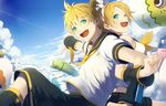  1girl aqua_eyes back bad_id bad_pixiv_id black_shorts blonde_hair brother_and_sister detached_sleeves hair_ornament hair_ribbon hairclip highres kagamine_len kagamine_rin kodomo_no_hi koinobori looking_at_viewer open_mouth p.rupon ribbon shirt short_hair shorts siblings vocaloid white_ribbon white_shirt 