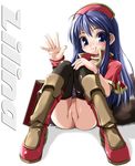  1girl :p black_legwear blue_eyes blue_hair blush boots bottomless character_request copyright_request female full_body haga_yui hand_on_own_knee hat knees_together_feet_apart knees_up long_hair looking_at_viewer pussy sitting smile solo thigh_boots thighhighs tongue tongue_out torn_legwear uncensored waving 