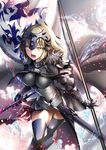  :d armor armored_dress bad_anatomy banner black_cape black_legwear blonde_hair breasts cape chain collar commentary corset eyebrows eyebrows_visible_through_hair fate/grand_order fate_(series) flag fur_collar gauntlets headpiece highres holding holding_sword holding_weapon impossible_clothes jeanne_d'arc_(alter)_(fate) jeanne_d'arc_(fate)_(all) looking_at_viewer medium_breasts open_mouth sheath smile solo suishougensou sword teeth thighhighs tsurime unsheathed v-shaped_eyebrows weapon yellow_eyes 