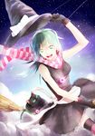  animal bad_id bad_pixiv_id black_dress black_gloves black_hat bow cat dress gloves green_eyes green_hair hat highres long_hair open_mouth original p.rupon scarf solo striped striped_scarf white_bow witch_hat 