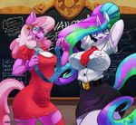 2016 anthro anthrofied big_breasts breasts chalkboard cheerilee_(mlp) clothed clothing condom duo ear_piercing earth_pony english_text equine eyelashes eyewear female friendship_is_magic glasses green_eyes hair hands_behind_head holding_condom holding_object horn horse long_hair looking_at_viewer mammal multicolored_hair my_little_pony nipple_bulge open_mouth piercing pony princess_celestia_(mlp) purple_eyes teacher text tongue two_tone_hair unicorn zwitterkitsune 