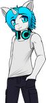  alpha_channel anthro blue_eyes blue_hair cargo_pants clothing datfurrydude equine eye_over_hair fan_character glowing hair headphones horn horse looking_at_viewer male mammal my_little_pony pony shirt simple_background smile standing tank_top transparent_background 