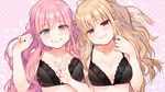  :3 black_bow black_bra blonde_hair blush bow bow_bra bra braid breasts character_request cleavage closed_mouth collarbone eyebrows eyebrows_visible_through_hair fujigasaki_connie fuzuki_fuuro green_eyes hair_between_eyes head_tilt lace lace-trimmed_bra long_hair looking_at_viewer medium_breasts multiple_girls official_art olive!_believe_&quot;olive&quot;? pink_background pink_hair red_eyes smile sparkle underwear underwear_only upper_body v 