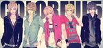  5boys beige_background belt blonde_hair blue_eyes bracelet brown_hair colorful5 copyright_name denim_jacket earrings green_eyes green_hair grey_t-shirt hinohara_kanade ibuki_(carol) ijuin_rei jacket jewelry male_focus multicolored_hair multiple_boys necklace original peace_sign piercing pink_hair pink_t-shirt purple_eyes purple_hair sasaki_souta scarf short_hair simple_background slit_pupils sunglasses t-shirt takanashi_haruka tutiya_masaki white_t-shirt wink 