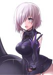  blush breasts elbow_gloves fate/grand_order fate_(series) gloves hair_over_one_eye lavender_eyes lavender_hair leaning_forward looking_at_viewer mash_kyrielight medium_breasts quro_(black_river) shield short_hair solo w white_background 