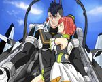 1girl black_hair charinkororin kaname_buccaneer macross macross_delta messer_ihlefeld pilot_suit red_hair sitting sitting_on_lap sitting_on_person valkyrie variable_fighter vf-31 
