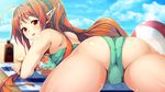  ahoge ass ball bangs bare_shoulders beach beachball bikini blue_sky breasts cloud cloudy_sky day elf eyebrows eyebrows_visible_through_hair from_behind game_cg green_bikini large_breasts long_hair looking_at_viewer looking_back lotion_bottle lying mahan maou_no_kuse_ni_namaiki_da! maou_no_kuse_ni_namaiki_da!_torotoro_tropical! on_stomach open_mouth outdoors pertsovka_noru_angelica pointy_ears ponytail red_hair shiny shiny_skin shoulder_blades sidelocks sky smile solo swimsuit 