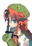  beret braid from_above green_eyes green_hat hat hong_meiling long_hair looking_at_viewer morino_hon red_hair smile solo star touhou twin_braids upper_body 