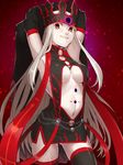  armpits arms_up ass_visible_through_thighs black_legwear black_sleeves breasts crown dark_persona detached_sleeves dress_of_heaven evil_smile fate/grand_order fate/zero fate_(series) irisviel_von_einzbern justeaze_lizrich_von_einzbern large_breasts lips long_hair long_sleeves looking_at_viewer navel pale_skin red_background red_eyes ruchi smile solo thighhighs underboob very_long_hair white_hair white_skin wide_sleeves 