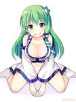  :&gt; areola_slip areolae asymmetrical_hair bare_shoulders blue_eyes body_blush bottomless breasts cleavage collarbone cover detached_sleeves frog_hair_ornament from_above full_body green_hair hair_ornament kochiya_sanae large_breasts long_hair long_sleeves looking_at_viewer looking_up navel no_bra nontraditional_miko open_clothes open_vest simple_background sitting snake_hair_ornament socks solo tomokichi touhou twitter_username v_arms vest wariza white_background white_legwear white_vest 