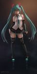 artist_name bare_shoulders black_footwear black_skirt blue_eyes blue_hair blue_nails blue_neckwear blush boots breasts closed_mouth collared_shirt contrapposto detached_sleeves full_body glowing gradient gradient_background hair_between_eyes hand_on_hip hatsune_miku head_tilt headset highres holding holding_microphone legs_apart lips long_hair long_sleeves looking_at_viewer microphone nail_polish necktie novcel number reflection shirt skirt sleeveless sleeveless_shirt small_breasts smile solo standing tattoo thigh_boots thighhighs tiptoes twintails very_long_hair vocaloid wing_collar zettai_ryouiki 