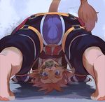  anthro anthrofied barefoot bulge clothed clothing digitigrade feline fully_clothed kingdom_hearts lion lion_sora looking_at_viewer looking_through_legs mammal object_in_mouth pendant rear_view sharp_teeth smile square_enix teenager teeth upside_down uzucake video_games whiskers young 