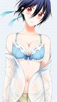  1girl blue_hair blush breasts hair_ribbon nisekoi red_eyes solo tsugumi_seishirou underwear 