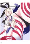  anchor_hair_ornament ass black_panties blonde_hair blush elbow_gloves flat_chest gloves hair_ornament hairband highres jpeg_artifacts kantai_collection long_hair miniskirt mtu_(orewamuzituda) multiple_views non-web_source panties panty_lift scan shimakaze_(kantai_collection) skirt striped striped_legwear thighhighs thong underwear white_gloves 