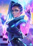  abstract_background artist_name asymmetrical_hair breasts dark_skin earrings emblem energy eyeshadow gloves glowing high_collar jewelry lips lipstick looking_at_viewer looking_to_the_side makeup medium_breasts mole mole_under_eye multicolored_hair nose overwatch parted_lips purple_eyes purple_hair realistic ross_tran signature solo sombra_(overwatch) stud_earrings two-tone_hair upper_body 