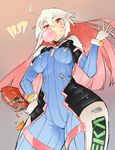  bodysuit bubble_blowing chewing_gum chips cosplay d.va_(overwatch) d.va_(overwatch)_(cosplay) doritos facial_mark food gloves guilty_gear guilty_gear_xrd highres jack-o'_valentine kenshin187 long_hair multicolored_hair overwatch red_eyes red_hair two-tone_hair white_hair 