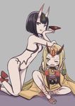  :d black_hair blonde_hair breasts chin_rest cup fang fate/grand_order fate_(series) hand_on_another's_head head_tilt horns ibaraki_douji_(fate/grand_order) japanese_clothes kimono kneeling leg_ribbon multiple_girls navel off_shoulder one_eye_closed oni oni_horns open_mouth orange_eyes pointy_ears purple_eyes quro_(black_river) red_ribbon ribbon sakazuki short_hair shuten_douji_(fate/grand_order) sitting small_breasts smile sweatdrop tattoo yellow_kimono 