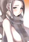  blush breasts brown_hair dytm eyebrows gradient gradient_background highres large_breasts long_hair looking_at_viewer naked_scarf nude original ponytail pool_monitor_part-timer_(dytm) scarf simple_background solo upper_body yellow_eyes 