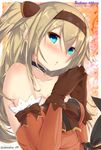  :o bare_shoulders blonde_hair blue_eyes blush bow breasts brown_dress brown_gloves brown_hairband character_name choker dandou dress fingers_together gloves hairband long_hair looking_at_viewer medium_breasts original solo strapless strapless_dress sufiana_altberg twitter_username two_side_up upper_body 