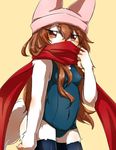  1girl artist_request brown_eyes brown_hair copyright_request dog erect_nipples furry hat long_hair petite scarf stocking swimsuit 