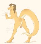  2018 absurd_res anthro anus backsack balls butt caninelove claws digital_media_(artwork) dragon erection hair hi_res horn humanoid_penis male mowhawk nude penis presenting presenting_hindquarters scales scalie simple_background solo tarkus_j._queen toe_claws western_dragon yellow_scales 
