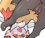  anus black_fur blush braixen butt canine chest_tuft clitoris confusion cute cute_fangs embarrassed female fluffy fluffy_tail fox fur hindpaw inner_ear_fluff looking_back looking_through_legs mammal nintendo open_mouth pawpads paws pok&eacute;mon pussy red_eyes red_fur semi-anthro simple_background solo tuft upside_down video_games white_background yellow_fur 狼の翼 