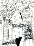  black_legwear cellphone greyscale hand_in_pocket kneehighs looking_at_viewer mizu_denpa monochrome original phone plaid plaid_scarf plaid_skirt pleated_skirt scarf skirt smartphone solo standing tree trellis 