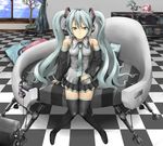  bad_id bad_pixiv_id cameo figure hachune_miku hands hatsune_miku headphones legs long_hair maazyu megurine_luka sitting solo speaker takoluka thighhighs twintails vocaloid zettai_ryouiki 