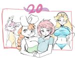  20_bunnies 20_ladies anonymous_artist anthro big_breasts blush border breasts breasts_touching cleavage clothed clothing dress ear_piercing ear_ring female flat_chested fur group hair hand_holding human lagomorph leporid long_hair mammal piercing pink_hair ponytail rabbit red_hair short_hair simple_background skimpy spot_color white_background white_body white_fur 