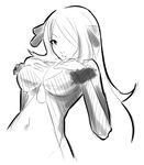  artist_request blush breast_suppress breasts cleavage greyscale hair_over_one_eye large_breasts long_hair midriff monochrome navel pokemon pokemon_(game) pokemon_dppt shirona_(pokemon) simple_background solo white_background 