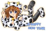  2009 animal_costume animal_print bell blonde_hair boots cow_bell cow_costume cow_print hair_ornament highres lyrical_nanoha mahou_shoujo_lyrical_nanoha new_year solo thighhighs x_hair_ornament yagami_hayate 