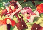  ;) absurdres bag blue_eyes brown_hair collaboration copyright_request grass highres itou_noiji lying multiple_girls nanao_naru one_eye_closed pink_hair red_eyes school_uniform shade smile socks 