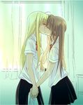  blonde_hair couple fate_testarossa kiss long_hair lyrical_nanoha mahou_shoujo_lyrical_nanoha_strikers multiple_girls muraya_yoshihisa school_uniform side_ponytail takamachi_nanoha yuri 