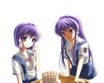  bad_id bad_pixiv_id cake clannad food fujibayashi_kyou fujibayashi_ryou hikarizaka_private_high_school_uniform kuroi_hitsuji long_hair multiple_girls pastry purple_eyes purple_hair school_uniform short_hair siblings sisters twins 