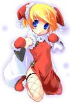  blonde_hair christmas copyright_request fishnet_legwear fishnets flat_chest hat mittens santa_costume shoes solo thighhighs yomi_(artist) 