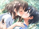  1girl beetle black_hair brown_eyes brown_hair bug closed_eyes game_cg hetero highres insect itou_hinako kantoku kiss natsu_no_ame non-web_source school_uniform stag_beetle surprise_kiss surprised wallpaper 