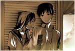  1girl black_hair cellphone couple hetero monochrome onigunsou original phone school_uniform sepia serafuku smile 