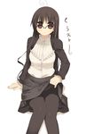  ahoge arima_senne big_eyes black-framed_eyewear black_legwear black_skirt blouse brown_eyes brown_hair center_frills frilled_shirt_collar frills glasses kashiwamochi_yomogi long_sleeves original over-rim_eyewear pantyhose semi-rimless_eyewear shirt_tucked_in skirt skirt_lift solo translation_request 