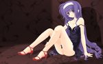  ass bare_shoulders breasts chemise cleavage frapowa hairband high_heels highres long_hair lyrical_nanoha mahou_shoujo_lyrical_nanoha_strikers purple_eyes purple_hair shoes small_breasts solo strap_slip tsukimura_suzuka wallpaper 