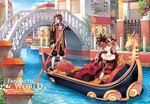  1girl bad_id bad_pixiv_id bare_shoulders blonde_hair blue_eyes boat breasts bridge building canal cleavage day dress flower gown italy jewelry large_breasts mask masquerade nardack necklace oar original outdoors pearl plant rose smile venice watercraft 