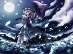  blonde_hair dress flower flower_field full_moon hair_up hat light_smile long_hair looking_at_viewer looking_back moon night parasol petals shirosa solo touhou umbrella wallpaper yakumo_yukari yellow_eyes 