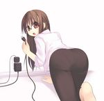  all_fours arima_senne ass barefoot blush braid brown_hair crawling electric_plug electric_socket glasses kashiwamochi_yomogi long_sleeves looking_back open_clothes open_mouth open_shirt original pantylines pink_eyes shirt solo tight 