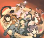  animal_ears asahina_mikuru bell cat_ears fang highres kyon_no_imouto multiple_girls nagato_yuki one_eye_closed ribbon suzumiya_haruhi suzumiya_haruhi_no_yuuutsu tail thighhighs third-party_edit tsuruya 