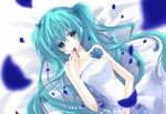  aqua_eyes aqua_hair bad_id bad_pixiv_id dress flower hands hatsune_miku highres long_hair lying open_mouth petals rose shizuki_sayaka solo twintails vocaloid white_dress 