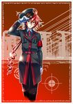  ahoge caffein drill_hair glasses hat highres kasane_ted long_hair male_focus military military_uniform necktie ponytail red_eyes red_hair solo uniform utau 